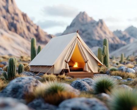 Escape to a luxurious desert glamping experience! This stylish tent, nestled among cacti, offers a unique and romantic getaway Relax by the campfire under starry skies, enjoying upscale comfort and desert serenity An unforgettable, different stay awaits in this amazing location AI Generativeの素材