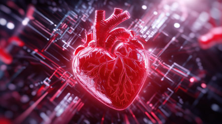 This sleek image juxtaposes a detailed anatomical heart with glowing medical tools and charts, symbolizing health innovation It highlights the interplay between human biology and technology, showcasing a blend of scientific precision and modern aesthetics This visual fusion of art and science suits diverse applications AI Generativeの素材