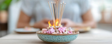 Capture serene self-care with this incense burning image It evokes relaxation, inner peace, and pampering through a traditional ritual Ideal for wellness and spiritual content, this photo depicts tranquility and calm, representing moments of introspection and focus Embrace the visual ritual and its calming effect AI Generativeの素材