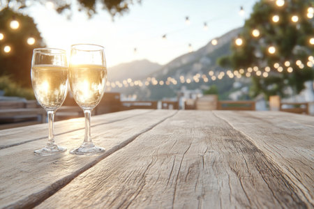 A candlelit dinner for two awaits under twinkling string lights, hearts dancing in wine glasses Soft light glows on a rustic table, setting a romantic scene for love confessions and intimacy This picture-perfect date captures the warmth and glow of a special moment, celebrating love in an intimate dining experience AI Generativeの素材