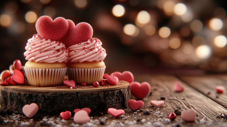 Indulge in romantic Valentine's delights! Heart-shaped pastries and cupcakes, adorned with pink frosting and delicate heart decorations, glow warmly, setting a loving mood Perfect for sharing, these delectable treats capture the essence of romance and sweet moments Celebrate love with these charming and delicious confections AI Generativeの素材