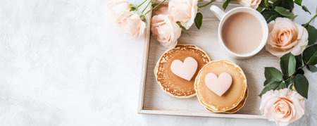Begin Valentine's Day with a romantic surprise: a breakfast tray boasting heart-decorated fluffy pancakes Fresh pink roses enhance the cozy morning scene, ideal for sharing with your beloved Capture this intimate moment of sweetness and affection, embracing the love and warmth of the holiday AI Generativeの素材