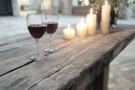 Flickering candlelight illuminates a rustic table set for two, wine glasses reflecting hearts This intimate scene suggests a love confession, perhaps an engagement or anniversary Warm glows and soft reflections evoke deep connection and lasting love, making this a perfect, romantic evening AI Generativeの素材