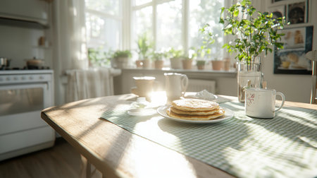 Imagine a sunny breakfast scene: fluffy pancakes, joyful laughter, and pure love This image evokes family warmth, happiness, and peaceful mornings bathed in sunlight It's a celebration of togetherness and the promise of a wonderful day Share your own beautiful breakfast table moments! AI Generativeの素材