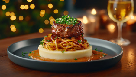 Ignite romance with our exquisite date night dinner Savor refined flavors, from perfectly seared steak with rich sauce to creamy mashed potatoes and delicate pasta This elegant meal, designed for lasting memories, promises a delightful, candlelit experience for you and your loved one AI Generativeの素材