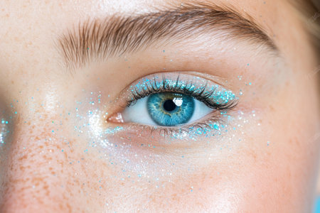 A single, captivating blue eye, adorned with light-blue glitter, creates a bold, futuristic beauty statement Imagine a dazzling singles night, metallic fashion shimmering under holographic lights This vibrant, mesmerizing close-up embodies unique style and unforgettable allure, celebrating imagination and individuality AI Generativeの素材