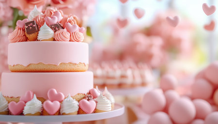 Experience a romantic Valentine's Day with a breathtaking dessert table Heart-shaped cakes, decadent chocolates, and elegant floral arrangements create a dreamy scene Tiered cakes and pink mini treats are showcased against a stunning backdrop Perfect for celebrations or sweet surprises, explore love through these enchanting confectionery wonders AI Generativeの素材