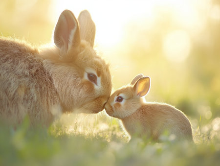 This image, though not a storm scene, evokes the profound comfort of a mother's love Like a parent shielding a child from thunder, it portrays a warm, reassuring bond Two bunnies touching noses in morning light embody sweet memories and intense affection, capturing the tenderness and emotional depth of a AI Generativeの素材