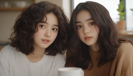 This warm photo captures the essence of friendship, showcasing two people connecting over coffee A simple conversation reveals shared understanding and care It highlights the beauty of everyday moments togetherness, relationships, and the importance of genuine interaction AI Generativeの素材