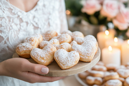 Experience romance with heart-shaped pastries, dusted in sugar, in a cozy caf  Soft candlelight and pink roses enhance the romantic ambiance These delectable treats are perfect for special moments, offering sweetness and love in each bite Create lasting memories; enjoy these adorable pastries today AI Generativeの素材