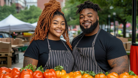 This vibrant photo captures a candid couple joyfully cooking outdoors amidst a bustling market Their laughter and matching aprons highlight the genuine connection, fresh food, and shared culinary adventure Bright tones illuminate the scene, celebrating togetherness and the simple beauty of community spirit Perfect for visual content AI Generativeの素材