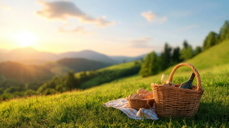 Escape to a romantic countryside picnic for two Indulge in delicious treats and wine from a wicker basket amidst stunning scenery Bathe in golden hour light, where nature's beauty meets romance This serene experience offers a peaceful escape, a dream date, and ultimate picnic inspiration AI Generativeの素材
