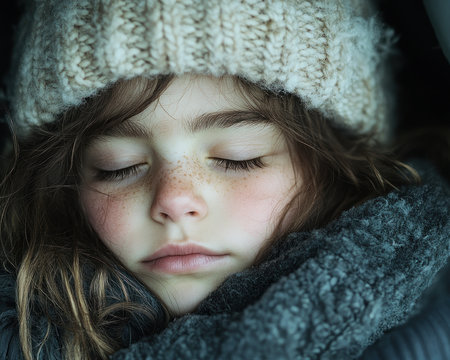 A child sleeps serenely on their parent's lap during a train ride, a tableau of tranquil peace and deep emotional connection This precious scene captures the warmth of parental love and a shared travel memory A moment of rest, a palpable bond, a forever-cherished image AI Generativeの素材