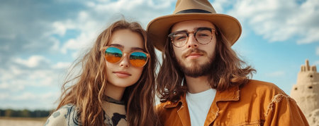 A young couple, playfully building a sandcastle, radiates connection and joy They pose for a photo, showcasing their care The summer scene, with blue sky and sand, captures the lightheartedness of creating together One wears a hat, the other glasses and sunglasses, adding a touch of personality to their shared AI Generativeの素材