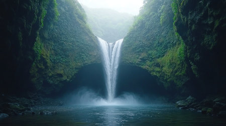 Witness a mesmerizing waterfall plunging into a heart-shaped pool, symbolizing eternal love This scene blends raw power with gentle grace, offering peace and tranquility Lush greenery enhances the romantic, serene view Embrace this unique image, embodying a love that lasts an eternity, within nature's embrace AI Generativeの素材