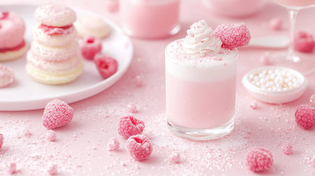 Experience a glamorous singles evening with pink drinks and treats Our setting, perfect for romance, features sparkling beverages and elegant designs, ideal for an exclusive celebration Find inspiration in our detailed imagery; sparkling drinks, mini cakes, and raspberries craft a delightful ambiance Celebrate with our pink-themed designs for an unforgettable AI Generativeの素材