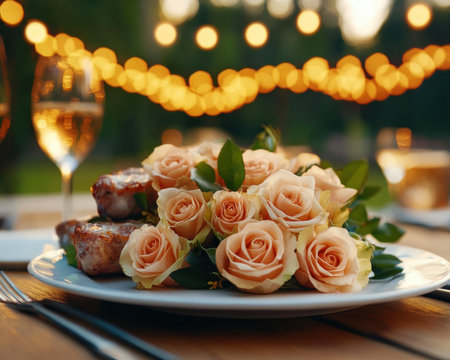 Enjoy a romantic outdoor dinner bathed in soft string lights Gourmet cuisine graces an elegant table adorned with roses, creating an intimate ambiance Rose centerpieces enhance the fine dining experience, making it a perfect and special evening AI Generativeの素材