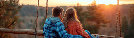 A couple's laughter echoes through a serene forest, captured on a wooden swing at sunset Golden hues illuminate this whimsical image, perfect for travel, romance, and adventure This picture embodies carefree joy and the beauty of nature's tranquility AI Generativeの素材