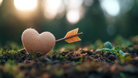 This image captures the essence of romance with a Cupid's arrow piercing a large, vibrant heart Symbolizing love and deep connection, the scene evokes feelings of warmth and tenderness, perfect for heartfelt messages The visual of an arrow striking a heart embodies passion and affection AI Generativeの素材