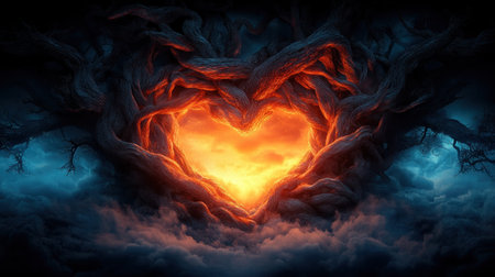 A high-definition image showcases intertwined tree roots forming a heart, symbolizing eternal devotion and grounded love This captivating artwork depicts deep connection and interconnectedness, perfect for projects exploring natural love, relationships, and enduring passion Its powerful message of unending commitment, expressed through nature's embrace, makes it truly breathtaking AI Generativeの素材