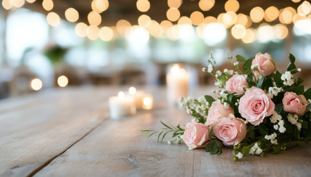 Evoke romance with this captivating scene: soft pink roses, flickering candlelight, and a warm glow create an elegant, dreamy dining atmosphere Perfect for special moments, this image embodies refined beauty and intimacy, ideal for weddings, anniversaries, or any love-filled celebration Capture the magic of romance AI Generativeの素材