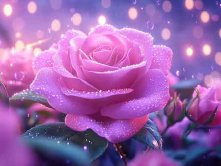 Capture romance with a dramatic close-up of a pink rose, its petals kissed by glistening dewdrops This enchanting image exudes love and passion, perfect for Valentine's Day The soft hues and delicate details beautifully express heartfelt emotions, making it an ideal choice for your floral theme AI Generativeの素材