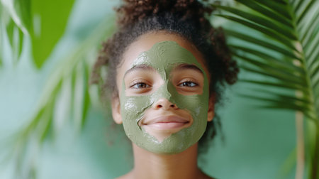 This artistic portrait captures serene self-care with a soothing green clay mask It highlights natural skincare, enhancing a radiant glow and promoting rejuvenation The image embodies reflection, relaxation, and well-being, perfectly showcasing healthy skincare routines and a beautiful, peaceful aesthetic AI Generativeの素材