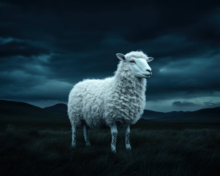A lone sheep, its wool subtly adorned with Celtic designs, graces a tranquil Irish countryside under a dark sky This captivating image merges heritage and nature, showcasing the essence of rural Ireland The ancient art form on the sheep, an emblem of the land, creates a striking, memorable visual, inviting AI Generativeの素材