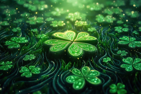 This St Patrick's Day design features a glowing shamrock, the focal point of intricate Celtic patterns It's a magical blend of traditional art and festive spirit, embodying cultural heritage Perfect for holiday themes, the detailed knots and patterns create a visually stunning centerpiece AI Generativeの素材