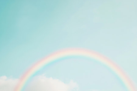 A vibrant rainbow graces a serene blue sky, a universal emblem of hope and new beginnings This peaceful spectacle, showcasing light and water's dance, evokes joy and tranquility Its radiant arc encourages reflection, a symbol of optimism, inviting wonder in its beauty AI Generativeの素材