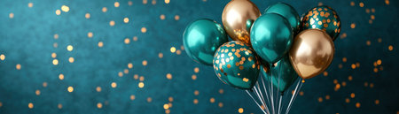 This image showcases an elegant St Patrick's Day party setup with vibrant green and gold balloons creating a festive atmosphere Discover Irish-themed table decor inspiration perfect for your celebrations The lush image evokes the joy of the holiday with luxurious gold and deep green balloons, ideal for creating the perfect AI Generativeの素材