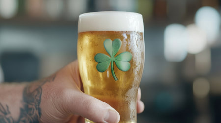Celebrate St Patrick's Day with a captivating image featuring a Celtic shamrock tattoo on a hand holding a green beer This artwork merges Irish tradition with modern festivities, showcasing heritage through vibrant green hues and classic symbols Perfect for promotions or blogs, capturing the holiday spirit AI Generativeの素材