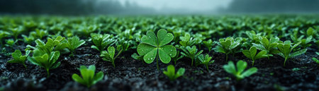 A vibrant green shamrock drifts peacefully in a serene botanical field, a close-up view highlighting its unique texture and form The tranquil setting evokes a sense of calm and peace, capturing nature's essence beautifully This serene botanical scene offers a peaceful, calming visual AI Generativeの素材