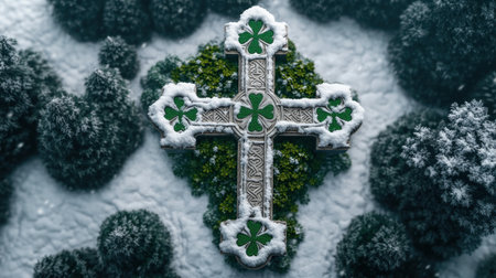 Capture St Patrick's Day spirit with this detailed Celtic cross image, adorned with green and gold and surrounded by shamrocks Its intricate design makes it a perfect centerpiece for holiday presentations Ideal for banners, cards, and social media, this image beautifully embodies heritage and spiritual tradition AI Generativeの素材