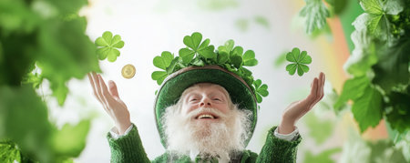 Witness a mischievous Leprechaun juggling gold under a vibrant rainbow, embodying St Patrick's Day joy This playful scene brims with luck and magic, perfect for celebrations Experience the iconic charm and fun of this vivid image Enjoy the golden coins and the radiant colors AI Generativeの素材