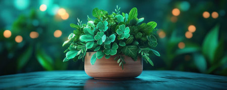 A vibrant green arrangement, evoking a traditional Irish wedding with shamrock accents, flourishes in a wooden pot The dark, bokeh-lit background enhances the display's serene, natural charm Ideal as a centerpiece, it suits nature, wedding, and Celtic-themed events AI Generativeの素材