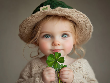 Capture St Patrick's Day joy with a child in a charming leprechaun costume, holding a shamrock bouquet This precious image embodies family warmth and festive spirit Perfect for cards, decor, or themed events, it radiates the magic of childhood and the Irish holiday Celebrate with loved ones! AI Generativeの素材