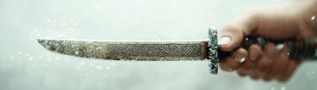 A hand firmly grips a weathered metal sword, its rustic blade detailed and used Faint sparkling particles dance around the close-up view The image focuses on the sword and grip, omitting a Celtic blacksmith forging it or any intricate knot designs The blade appears aged, telling a story of battles AI Generativeの素材