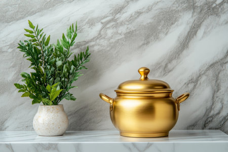 A minimalist golden pot on white marble exudes elegance and wealth This luxurious still life showcases sophisticated home decor, emphasizing simplicity Perfect for interior design inspiration or product presentations, the golden pot is paired with greenery for a touch of nature Discover this captivating scene and its aesthetic charm AI Generativeの素材