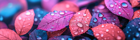 Immerse yourself in nature's delicate artistry This close-up photograph reveals leaves adorned with light-catching water droplets, each reflecting subtle rainbows Intricate details and vibrant colors create an enchanting, natural scene perfect for wallpapers and designs Discover the beauty of light and water in harmony AI Generativeの素材