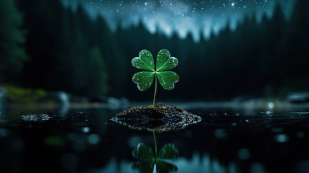 Experience a mystical blend of tradition and wonder with a floating four-leaf clover beneath a starry sky This captivating digital art piece, set in a tranquil night scene, showcases a single clover on a small mound in water It evokes luck and cosmic connection, ideal for backgrounds and designs AI Generativeの素材