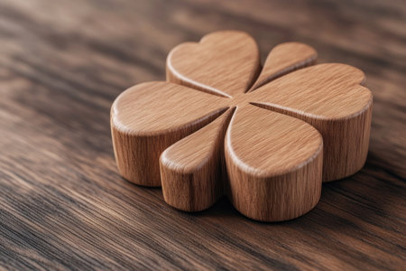 This meticulously carved wooden four-leaf clover embodies luck and tradition Its close-up image reveals intricate details, natural wood grain, and a smooth finish Perfect for adding handcrafted elegance to collections or projects, it's ideal for backgrounds, crafting, and good luck themes It evokes history, nature, hope, and positive vibes AI Generativeの素材