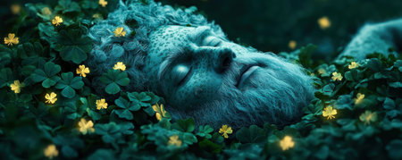 A serene, enchanted forest scene unfolds with a leprechaun peacefully resting beneath a shady tree Golden clovers, glowing with mystical light, surround him, enhancing the mythic beauty of the image This calm, nature-inspired fantasy evokes a sense of tranquility and magical wonder AI Generativeの素材