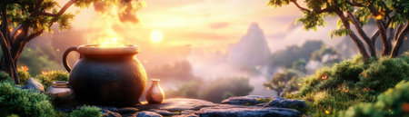 Step into a realm of enchantment with this image of a glowing Celtic cauldron Bubbling with a mystical potion amidst magical artifacts, soft lighting, and an ethereal background, it evokes timeless wonder and adventure Each shimmering detail invites a fantasy escape, where magic and wonder intertwine AI Generativeの素材