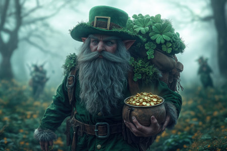 A Leprechaun's whimsical journey unfolds across Ireland's wildflower field, his gold pot shimmering This tranquil scene evokes nature's charm and the allure of mystical landscapes Imagine his adventures amidst the peace of the Irish countryside, a magical escape into folklore and natural beauty AI Generativeの素材
