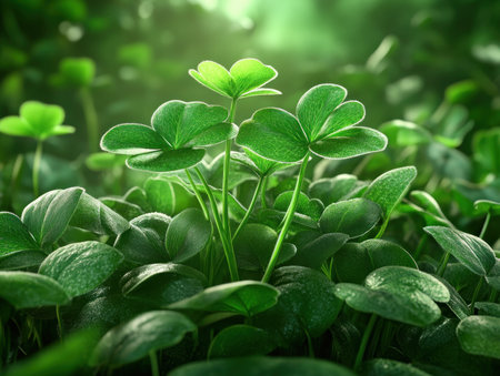 Discover a vibrant green shamrock in this detailed botanical illustration, perfect for St Patrick's Day or nature-themed designs Its delicate leaves and natural foliage create a lush scene, ideal for wallpaper or art This intricate artwork captures the essence of the plant's unique beauty AI Generativeの素材