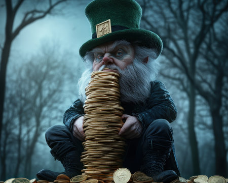 Step into a whimsical enchanted forest where a leprechaun guards his golden hoard This captivating scene blends nature and folklore, showcasing the mythical creature amidst his treasure Explore the magic of this classic fairytale element and experience the wonder of this charming illustration AI Generativeの素材