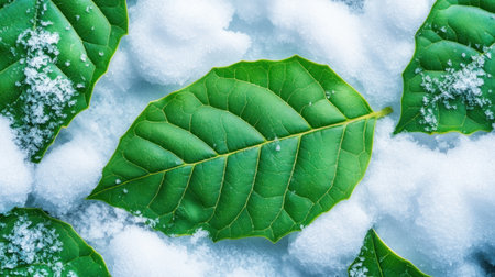Witness nature's artistry in a macro shot of vivid emerald leaf veins, contrasted against fresh white snow This captivating image highlights the delicate beauty of foliage, offering stunning detail perfect for wallpaper or nature photography enthusiasts Explore the intricate patterns of the leaf, an embodiment of nature's amazing detail AI Generativeの素材