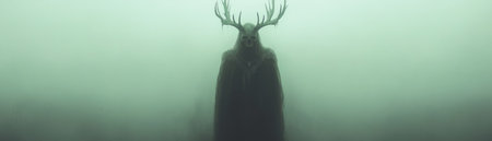 A warrior queen of Celtic descent, crowned with antlers and cloaked ornately, stands silhouetted against a stormy, misty backdrop This dark and moody image evokes mystery, fantasy, and folklore, capturing a powerful, mystical presence The hazy scene shrouds her in an atmosphere of potent energy AI Generativeの素材