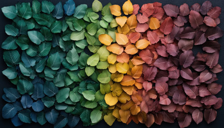 Immerse yourself in nature's beauty with harmoniously blended rainbow gradients on textured leaves Vibrant hues create a bold yet tranquil visual feast This aesthetic arrangement, highlighting the natural spectrum, is perfect for art and design projects seeking a touch of organic vibrancy AI Generativeの素材
